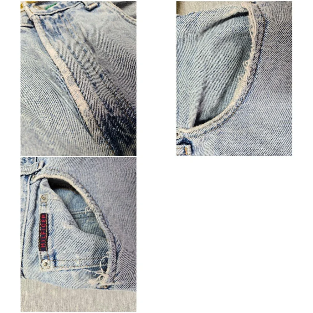 Vintage 90s Tommy Hilfiger Shorts Mens 33 Blue Denim Distressed Cutoff Jorts